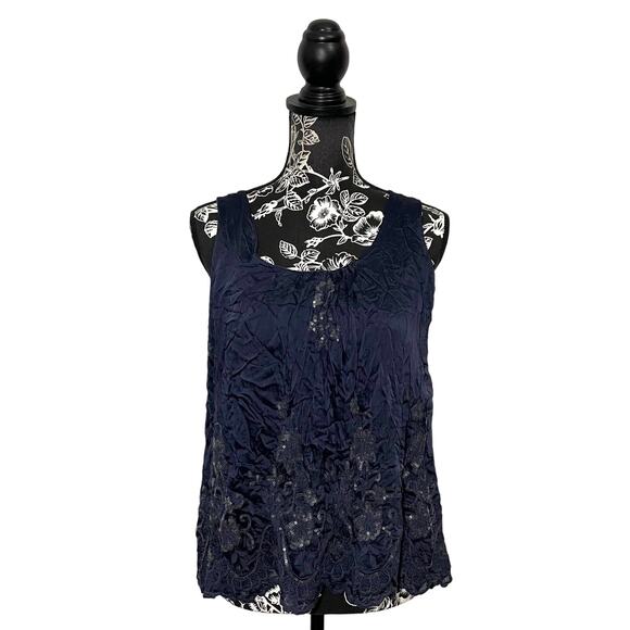 Marina Gigli Navy Blue Sleeveless Sequin Flowy Blouse Lace Floral Italy Small - Picture 1 of 11